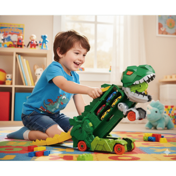 Camión Dinosaurio T-Rex Gigante 2 en 1: Transportador de Autos y Maletín Almacenador